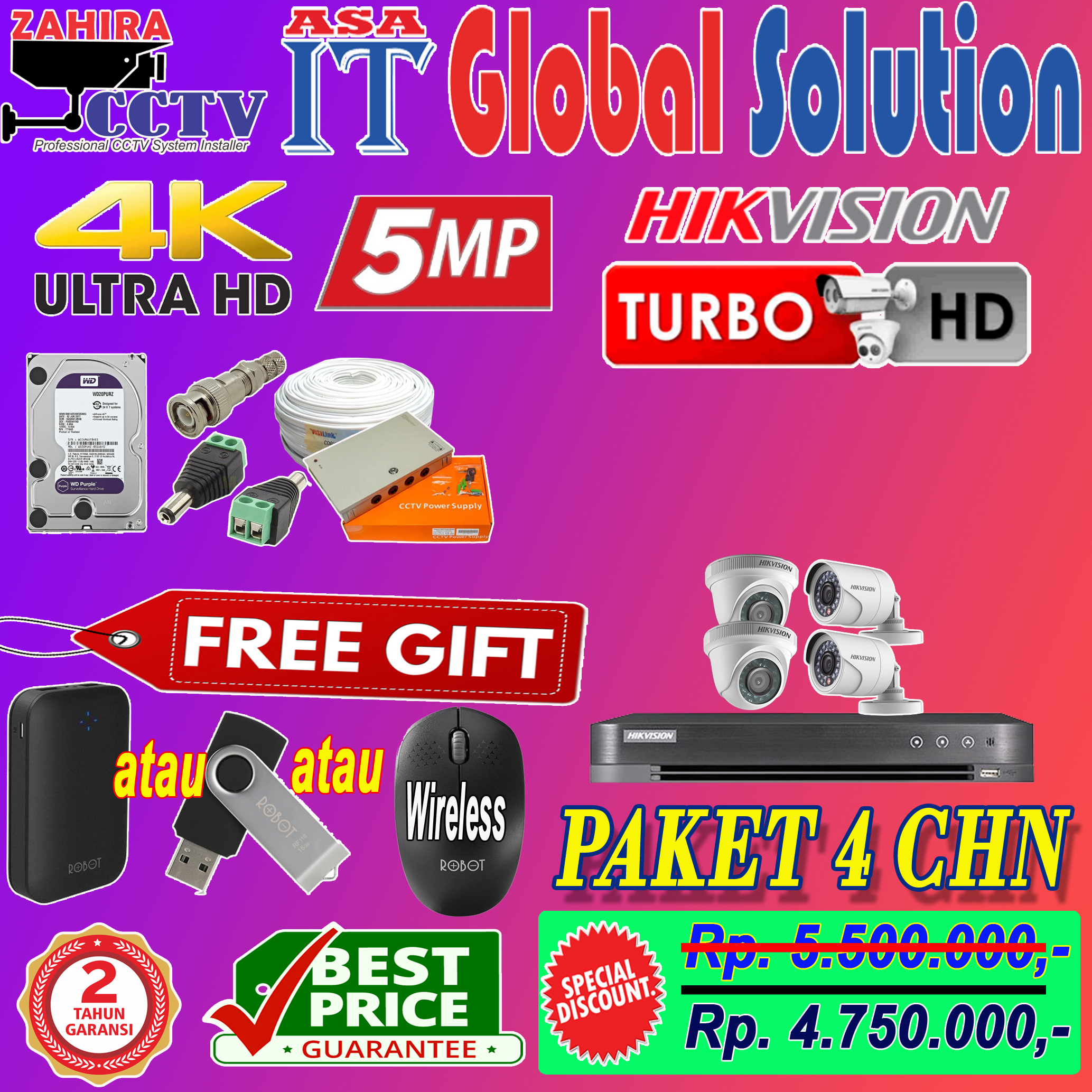 ZAHIRA CCTV PAKET CCTV 4 CHN HIKVISION GIFT 5MP