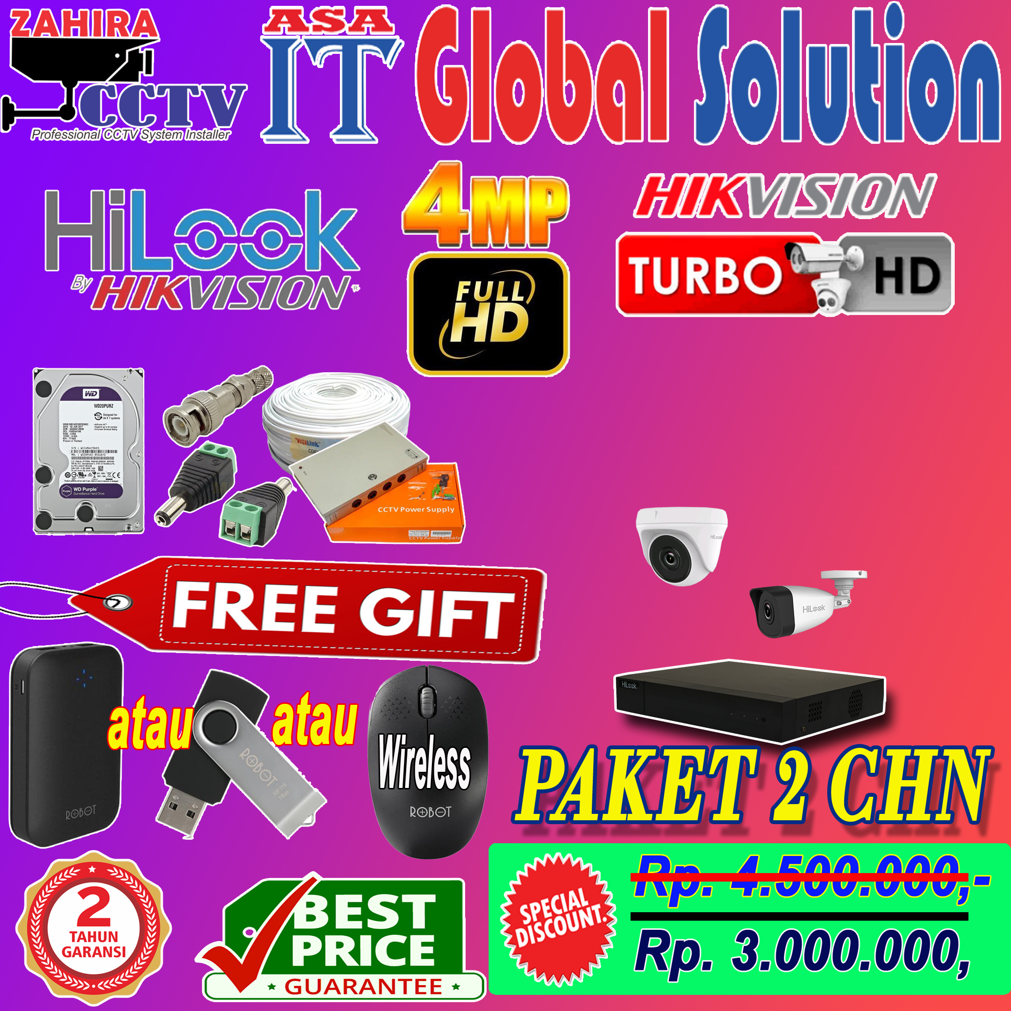 ZAHIRA CCTV PAKET CCTV 2 CHN HILOOK GIFT 4MP