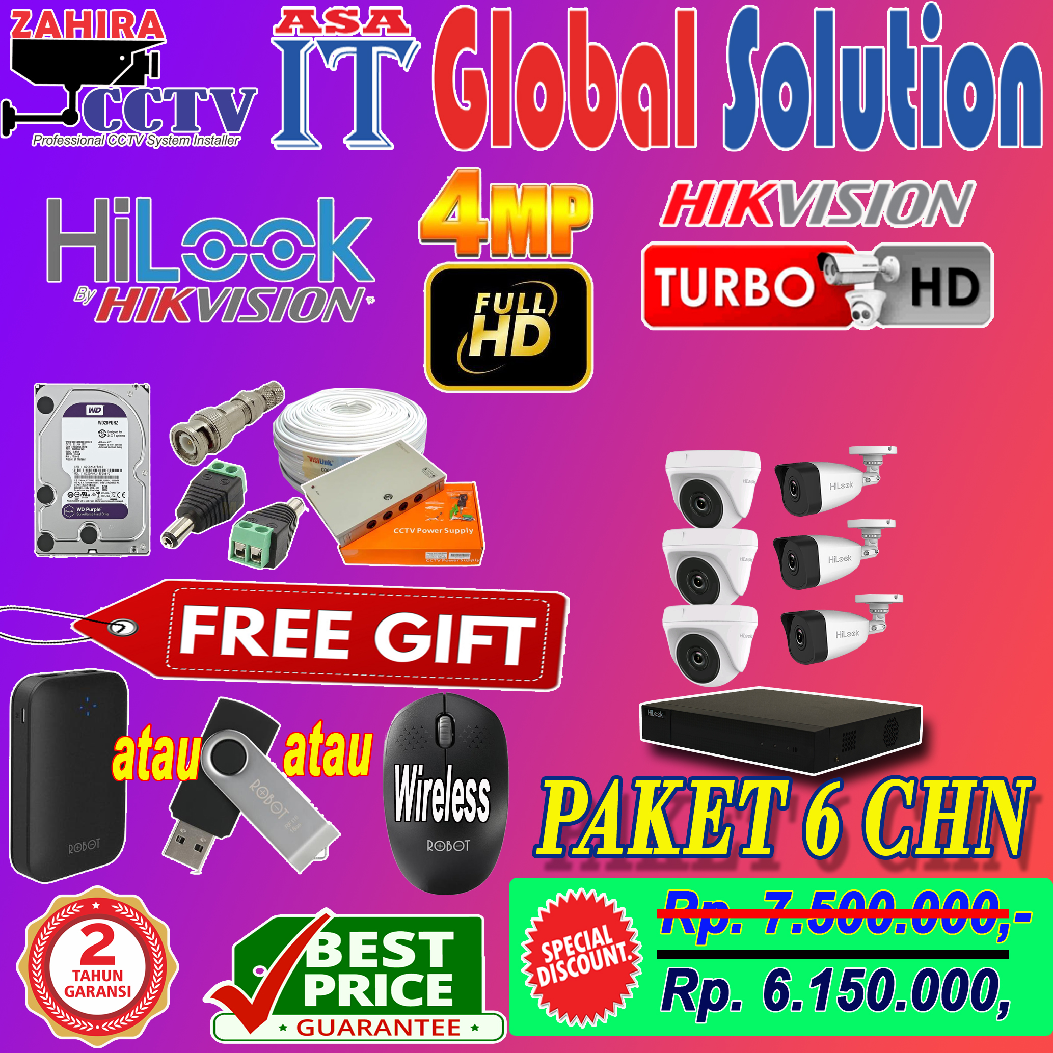 ZAHIRA CCTV PAKET CCTV 6 CHN HILOOK GIFT 4MP